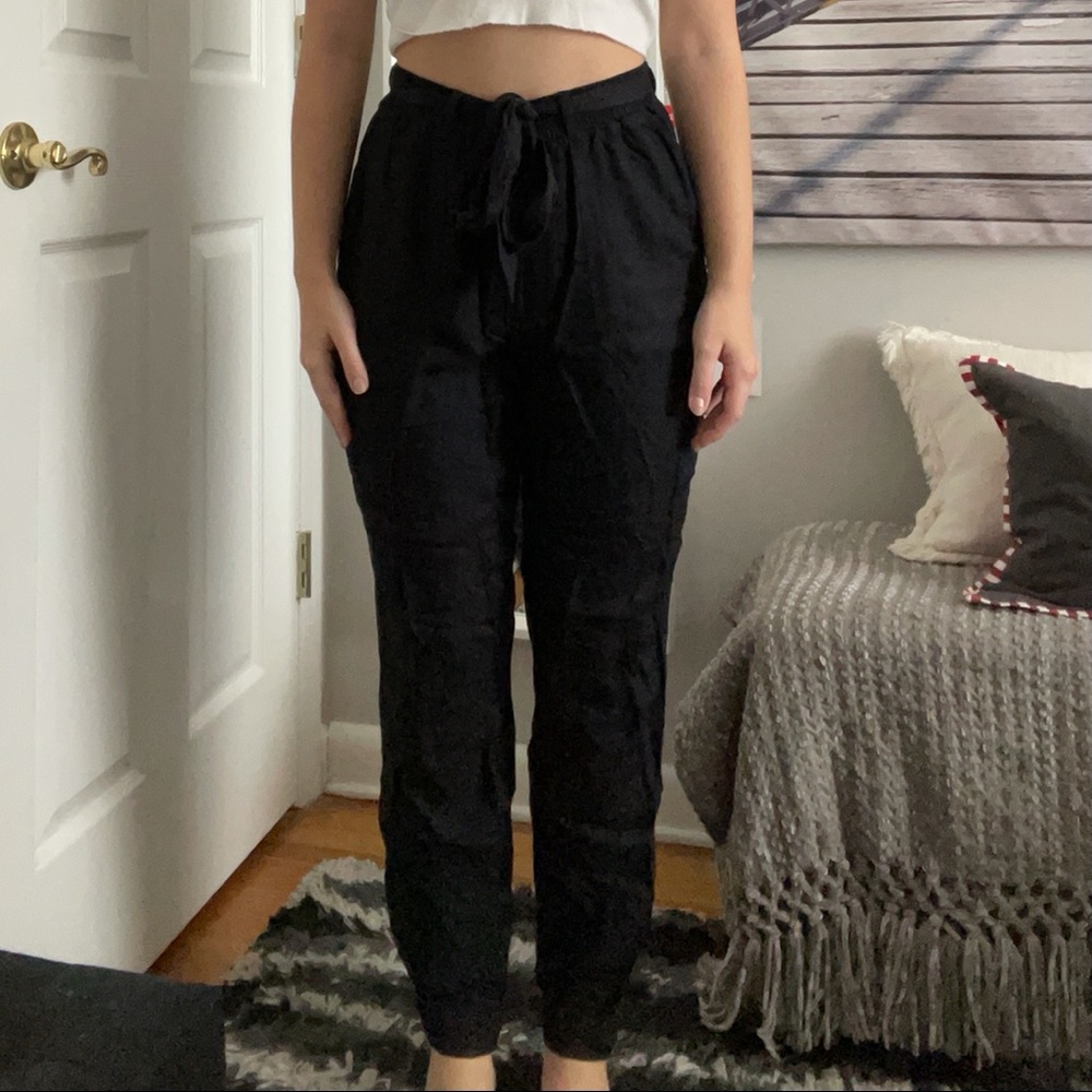 high paperbag waisted black flowy pants